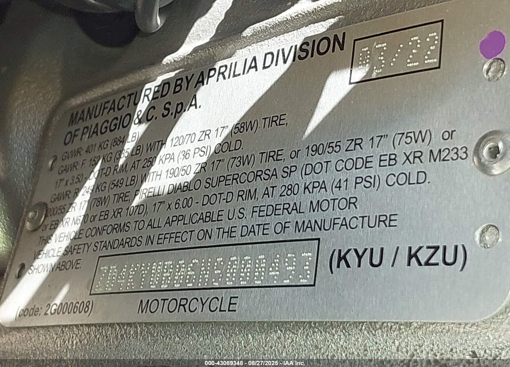 2022 APRILIA RSV4 1100 FACTORY VIN: ZD4KYUB06NS000493