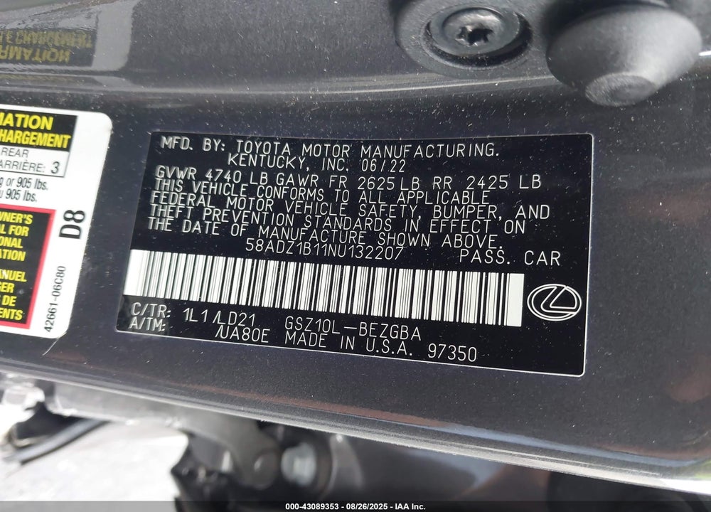 2022 LEXUS ES 350 VIN: 58ADZ1B11NU132207