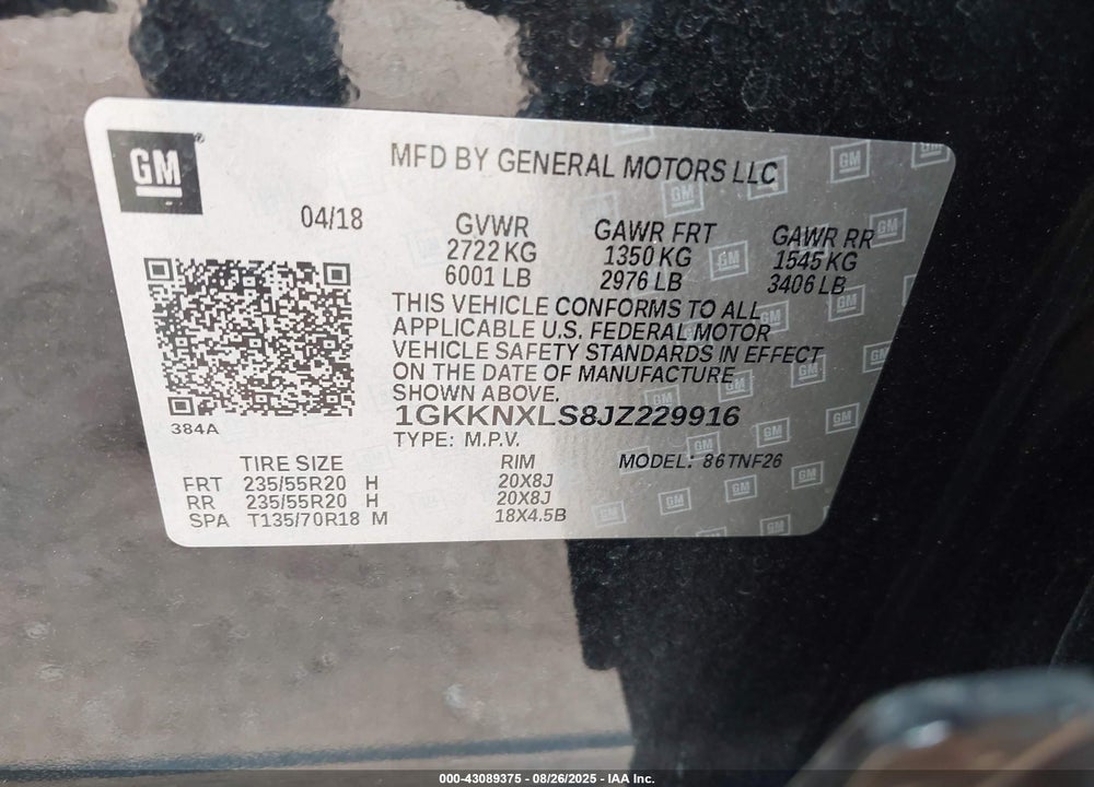 2018 GMC ACADIA VIN: 1GKKNXLS8JZ229916