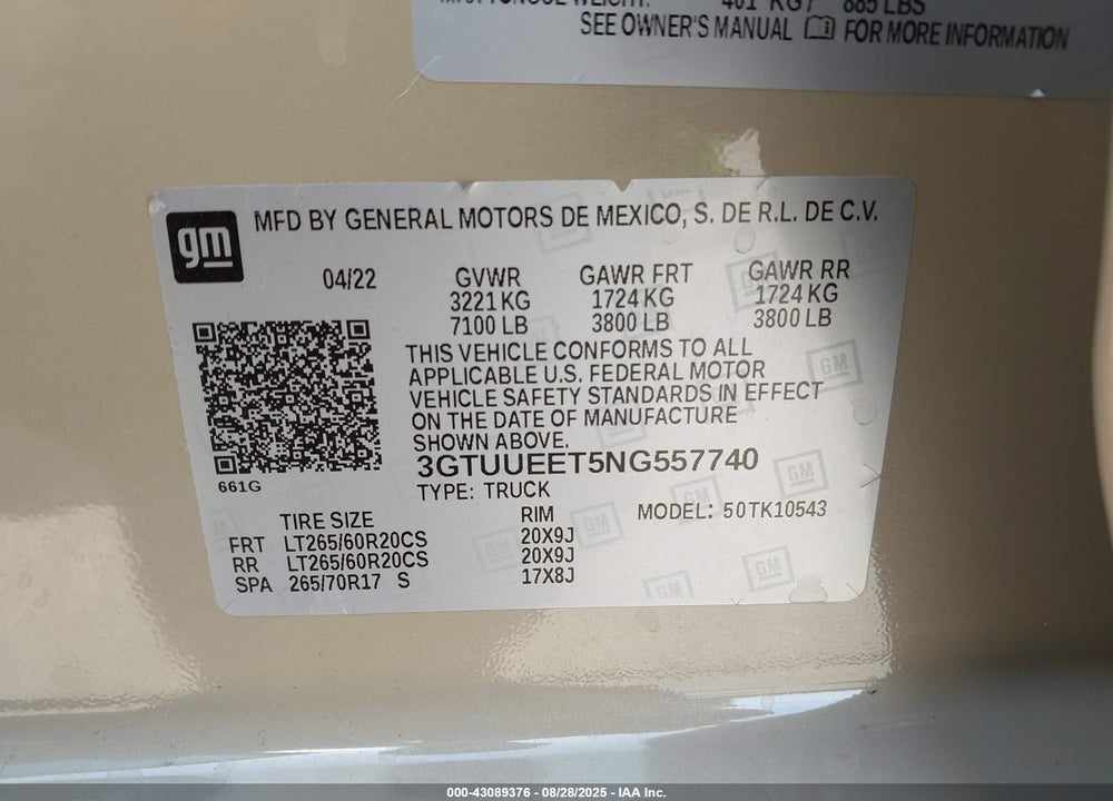 2022 GMC SIERRA 1500 VIN: 3GTUUEET5NG557740