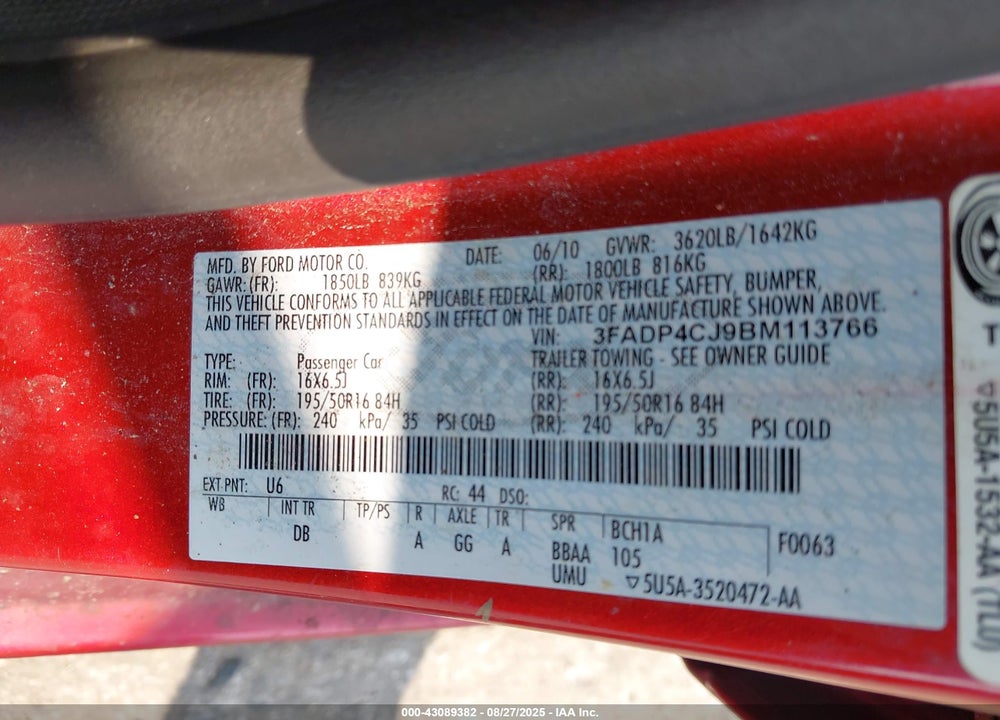2011 FORD FIESTA SEL VIN: 3FADP4CJ9BM113766