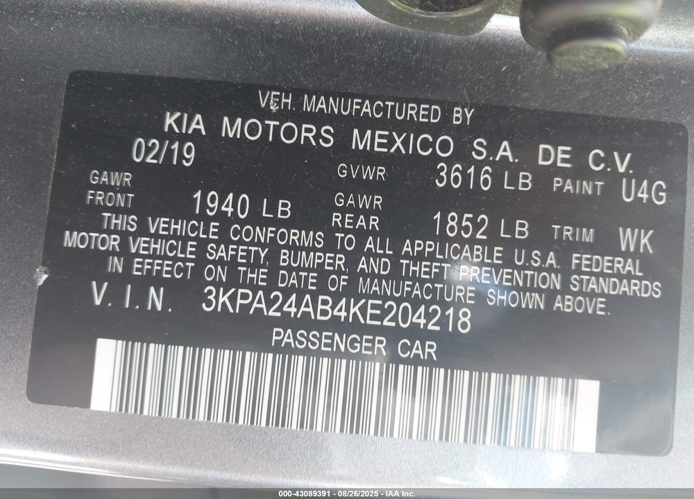 2019 KIA RIO VIN: 3KPA24AB4KE204218