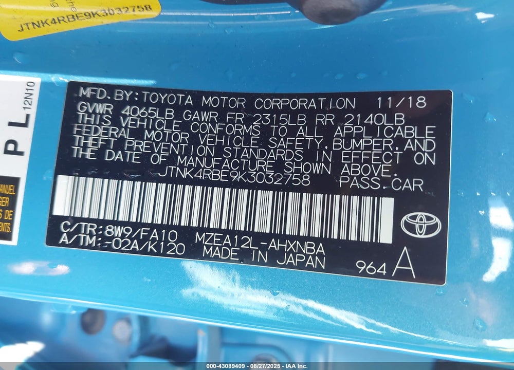 2019 TOYOTA COROLLA VIN: JTNK4RBE9K3032758