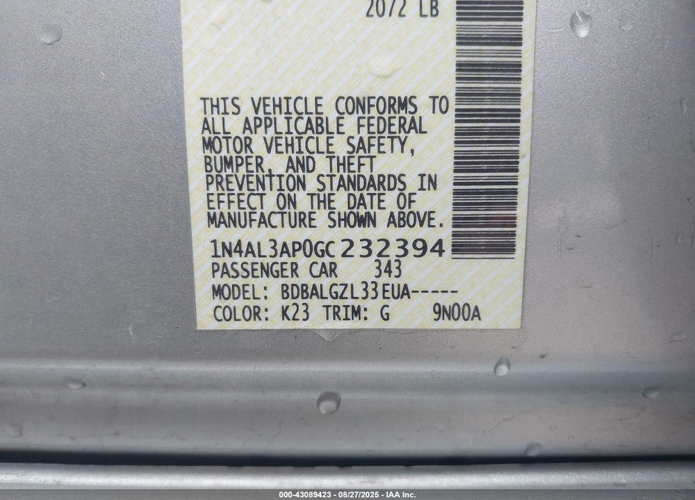 2016 NISSAN ALTIMA VIN: 1N4AL3AP0GC232394
