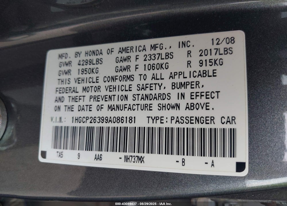 2009 HONDA ACCORD VIN: 1HGCP26399A086181