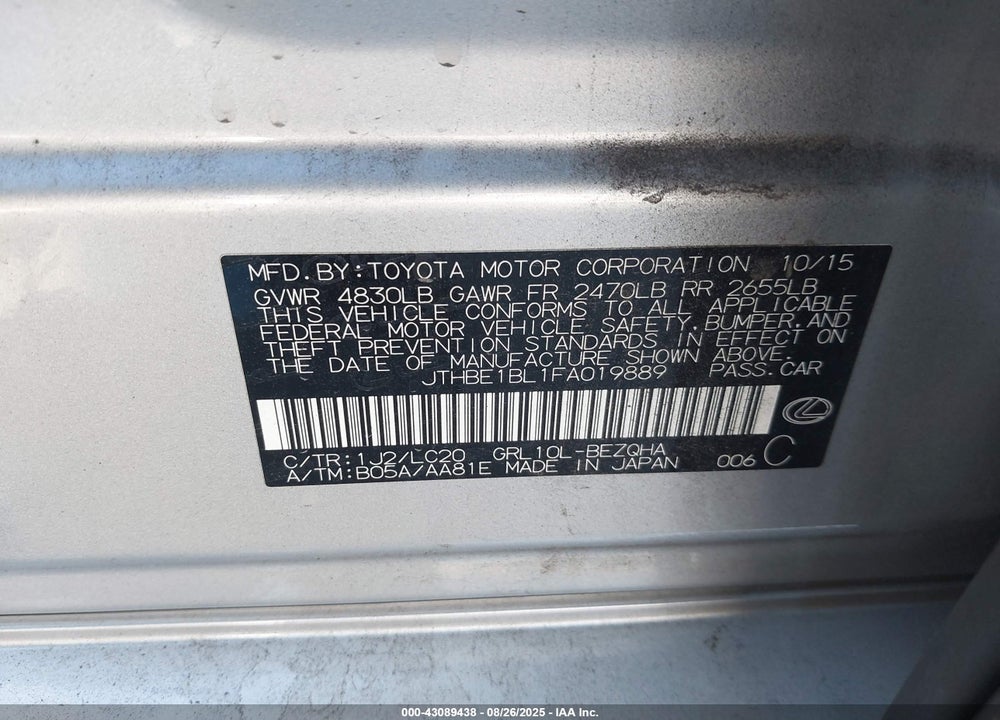 2015 LEXUS GS 350 VIN: JTHBE1BL1FA019889