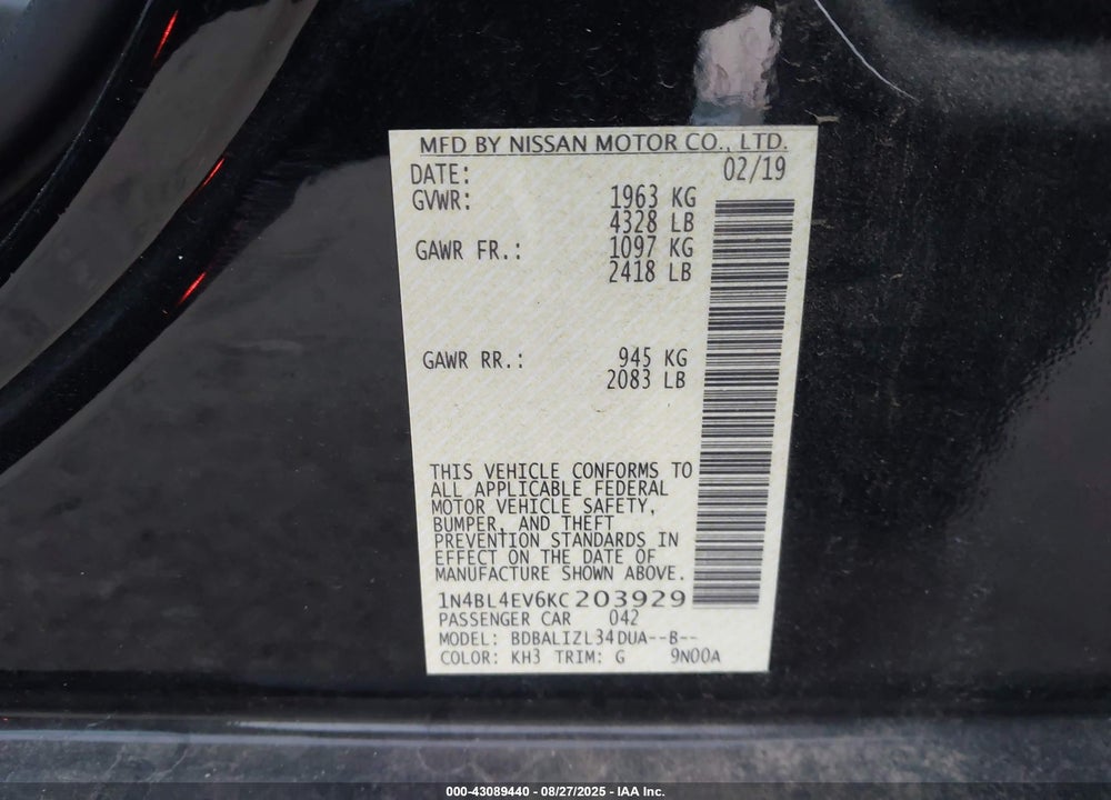 2019 NISSAN ALTIMA VIN: 1N4BL4EV6KC203929