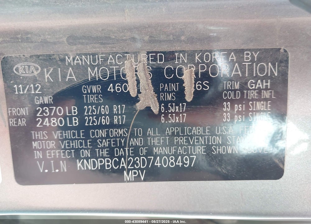 2013 KIA SPORTAGE VIN: KNDPBCA23D7408497