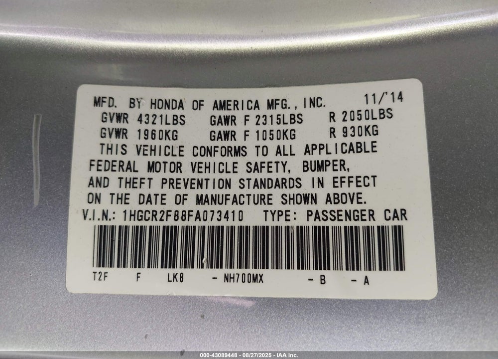 2015 HONDA ACCORD EX-L VIN: 1HGCR2F88FA073410