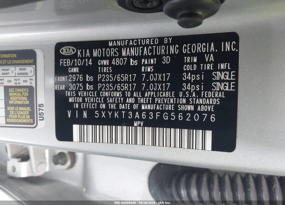 2015 KIA SORENTO VIN: 5XYKT3A63FG562076