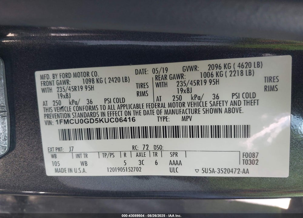 2019 FORD ESCAPE VIN: 1FMCU0GD5KUC06416