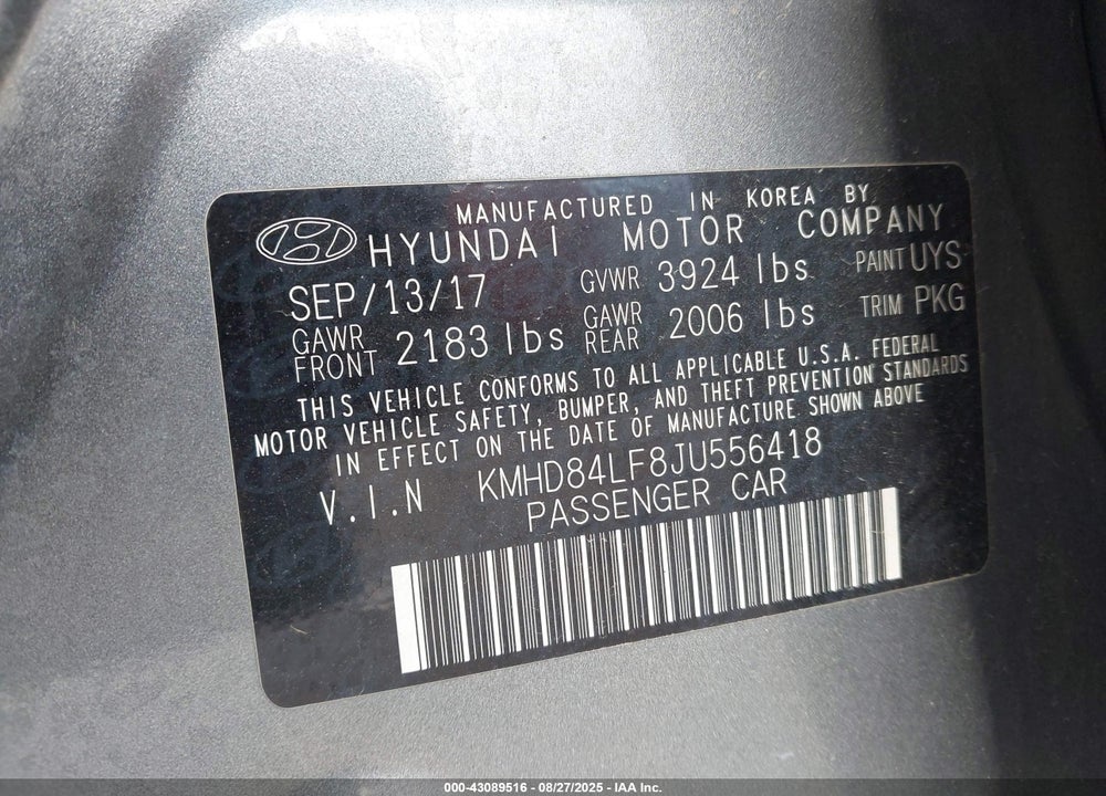 2018 HYUNDAI ELANTRA SEL VIN: KMHD84LF8JU556418