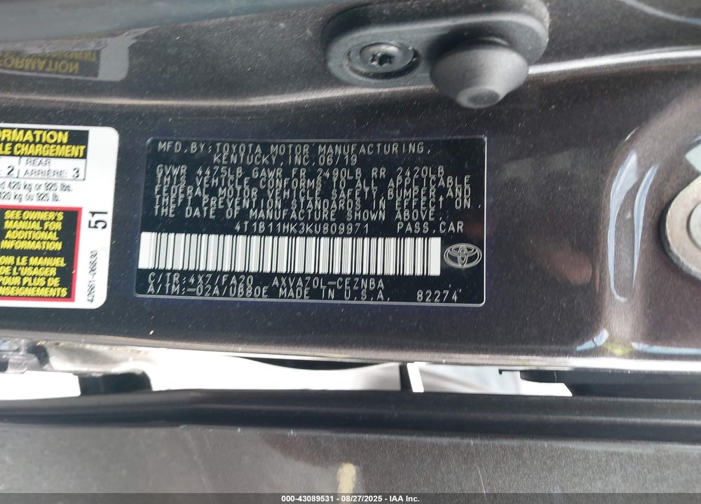 2019 TOYOTA CAMRY VIN: 4T1B11HK3KU809971