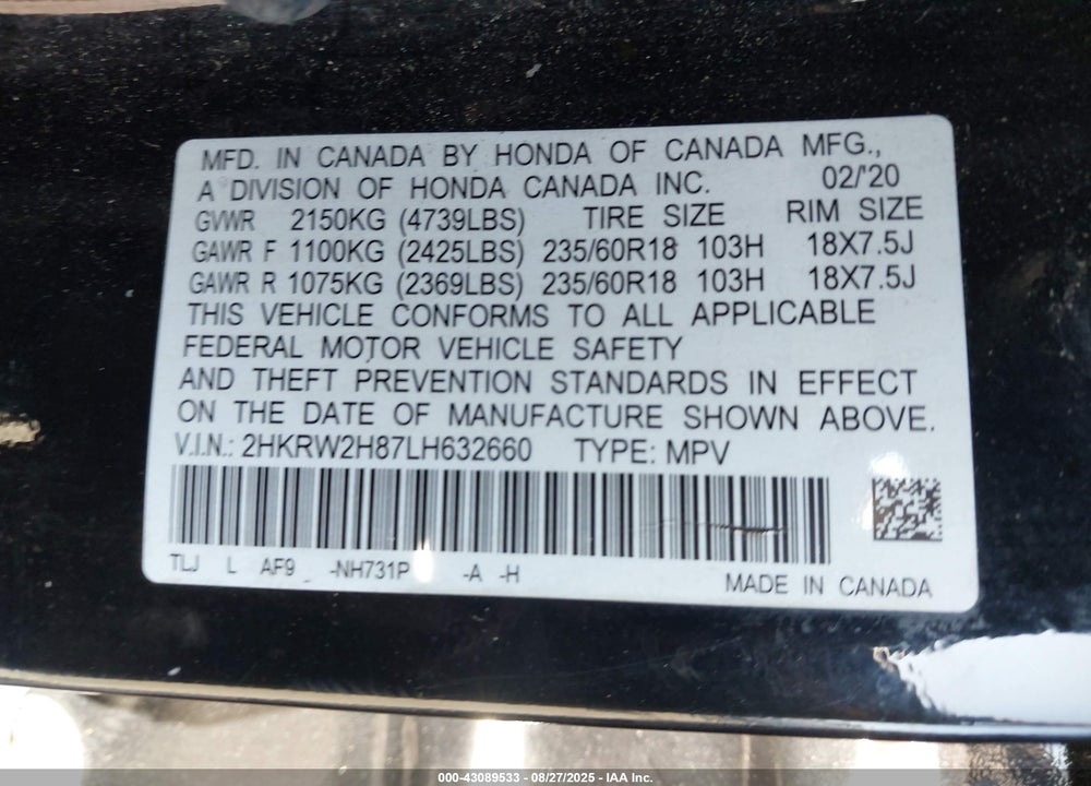 2020 HONDA CR-V AWD EX-L VIN: 2HKRW2H87LH632660