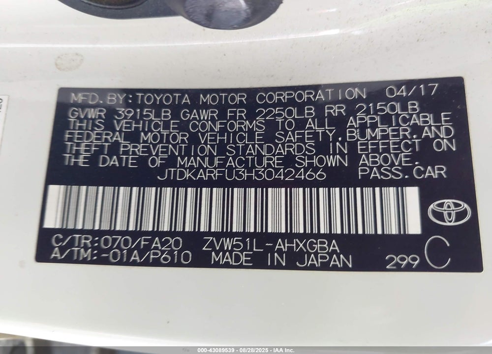2017 TOYOTA PRIUS VIN: JTDKARFU3H3042466