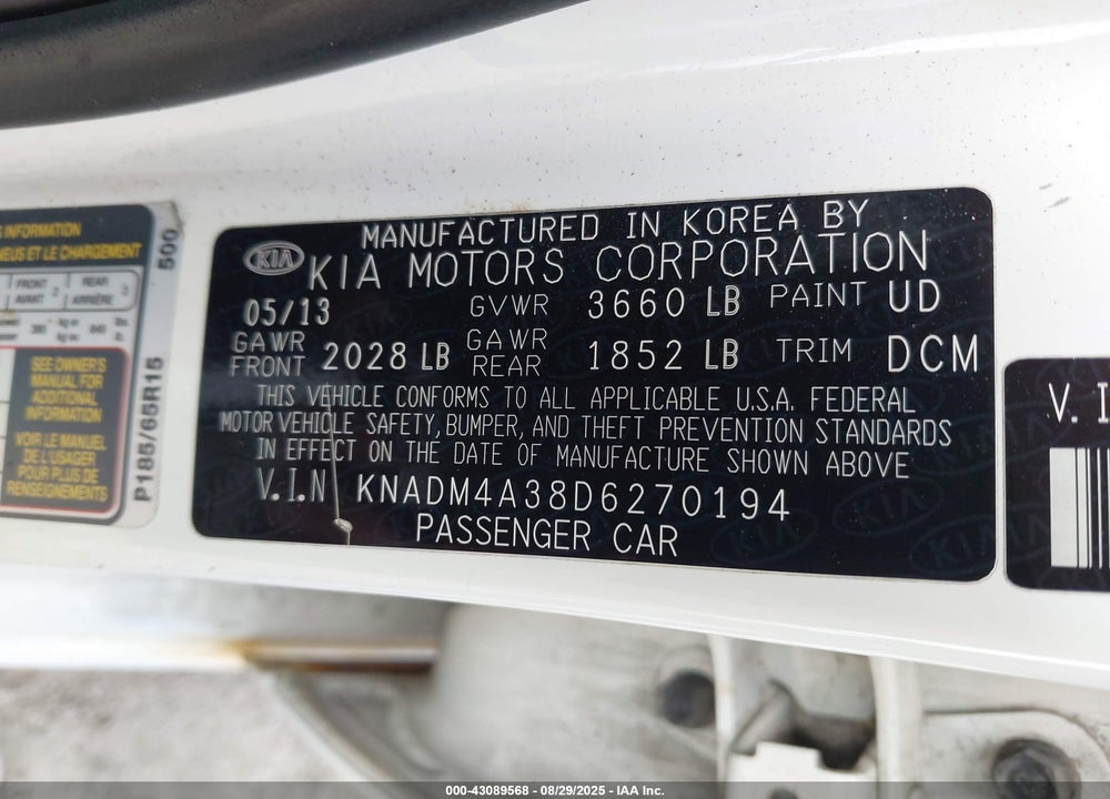 2013 KIA RIO VIN: KNADM4A38D6270194