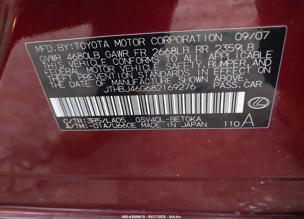 2008 LEXUS ES 350 VIN: JTHBJ46G682169276
