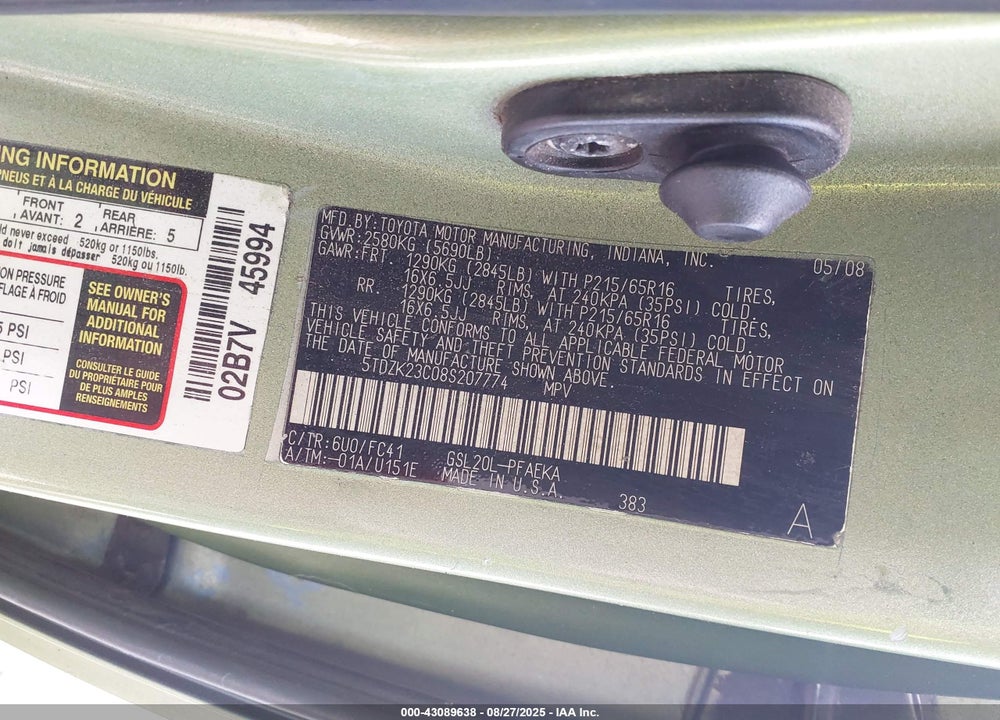 2008 TOYOTA SIENNA LE VIN: 5TDZK23C08S207774
