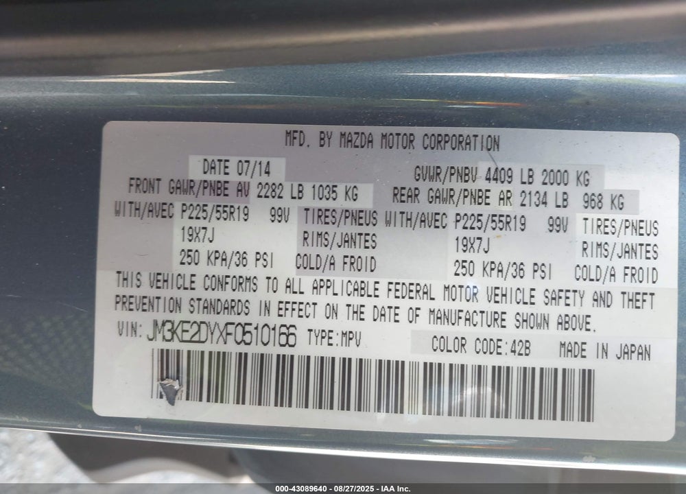 2015 MAZDA CX-5 VIN: JM3KE2DYXF0510166