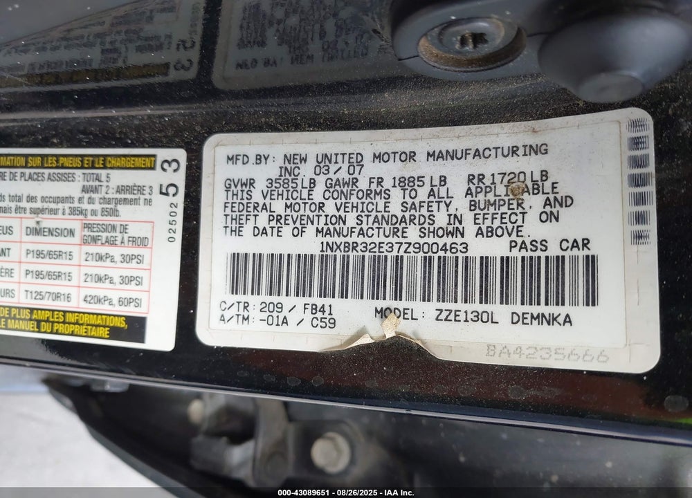 2007 TOYOTA COROLLA LE VIN: 1NXBR32E37Z900463