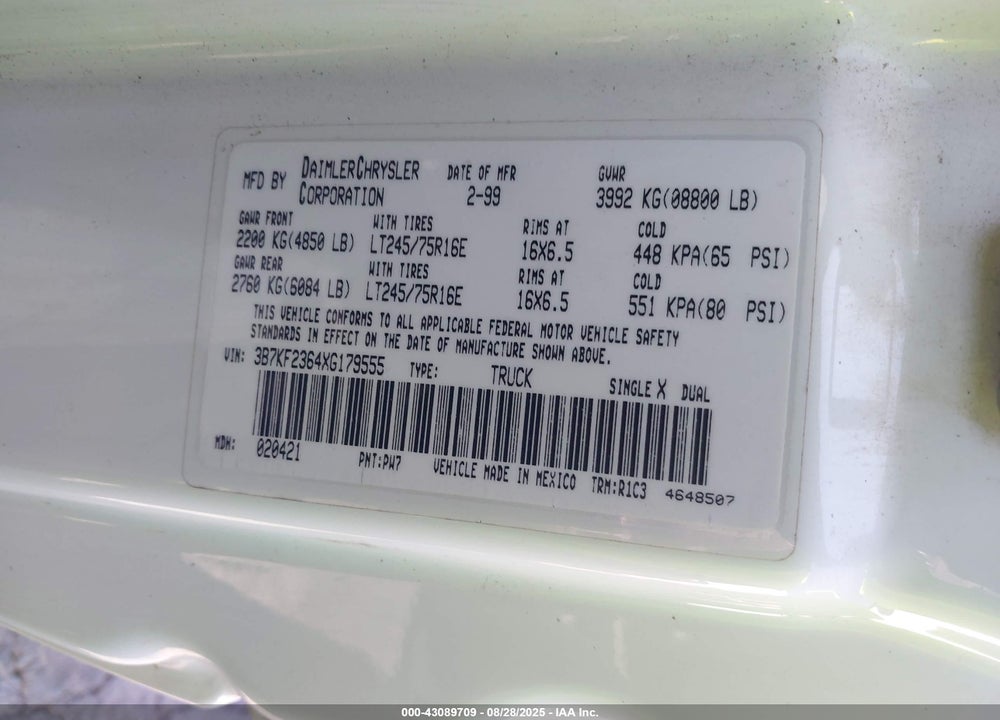 1999 DODGE RAM 2500 VIN: 3B7KF2364XG179555