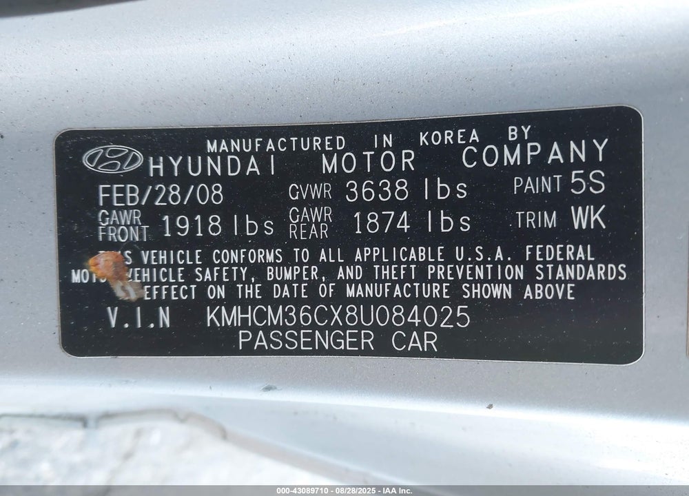 2008 HYUNDAI ACCENT VIN: KMHCM36CX8U084025