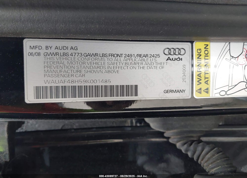 2009 AUDI A4 VIN: WAUAF48H59K001485