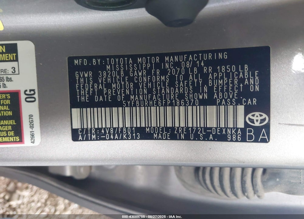 2015 TOYOTA COROLLA VIN: 5YFBURHE6FP186370