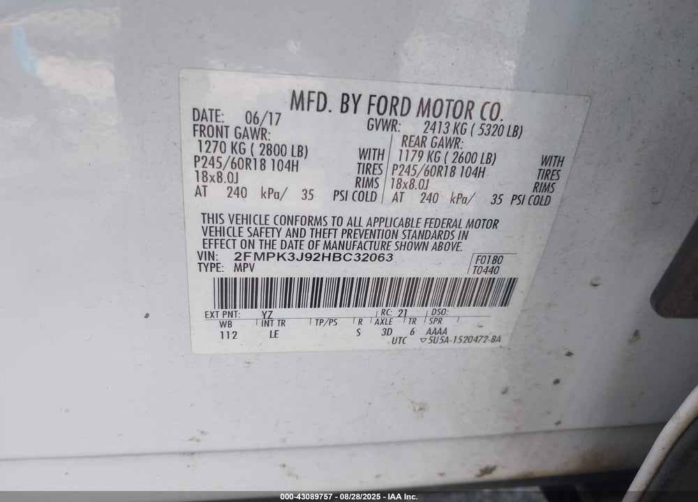 2017 FORD EDGE VIN: 2FMPK3J92HBC32063