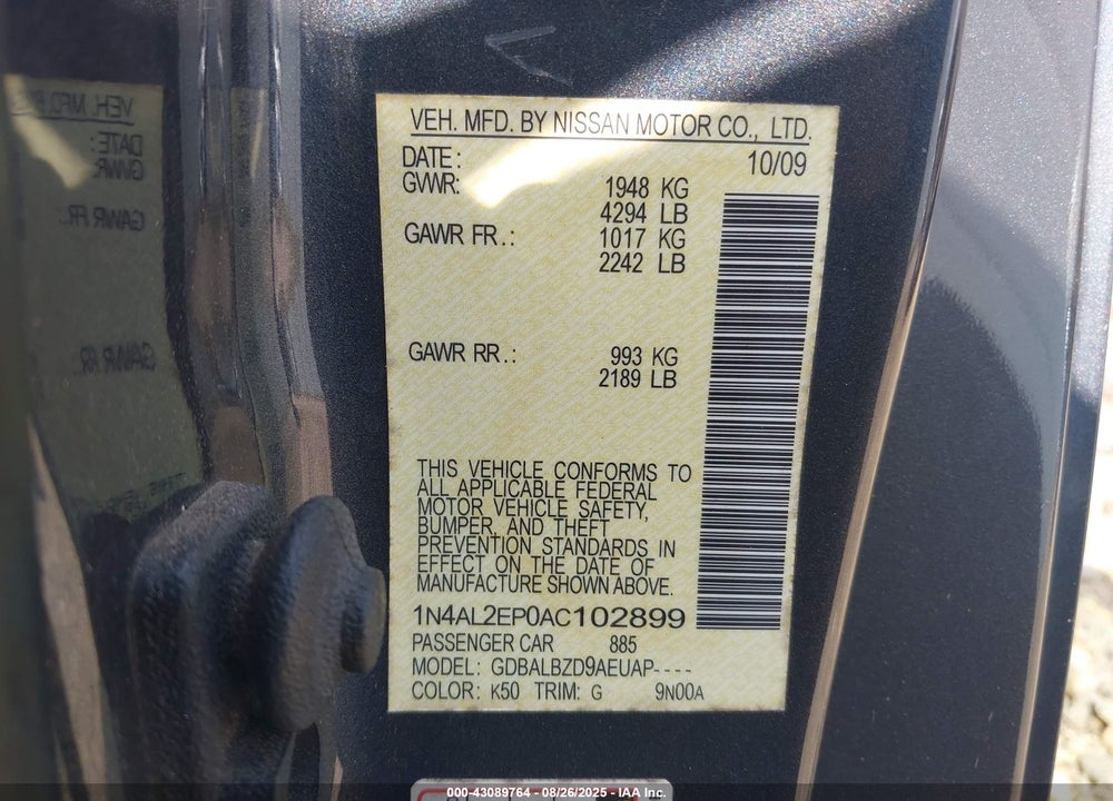 2010 NISSAN ALTIMA VIN: 1N4AL2EP0AC102899
