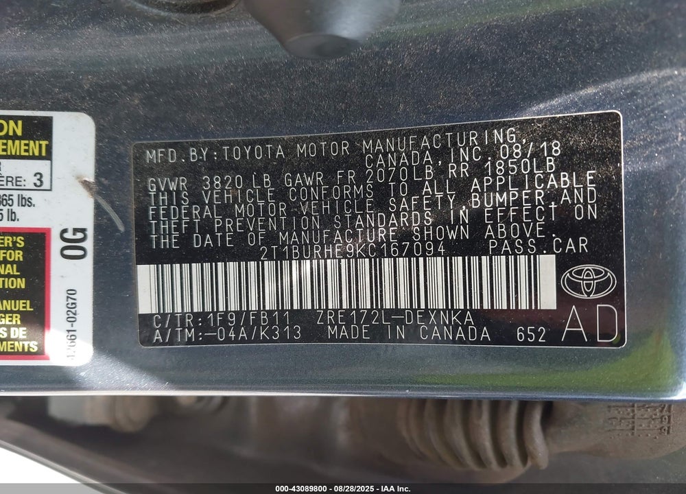 2019 TOYOTA COROLLA LE VIN: 2T1BURHE9KC167094