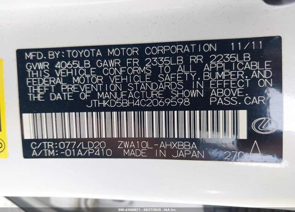 2012 LEXUS CT 200H VIN: JTHKD5BH4C2069598