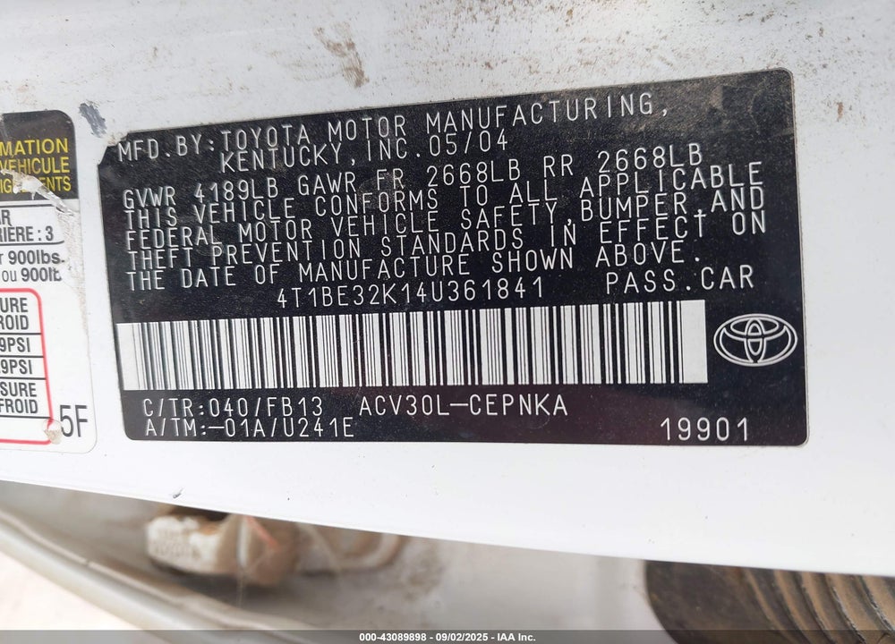 2004 TOYOTA CAMRY LE VIN: 4T1BE32K14U361841