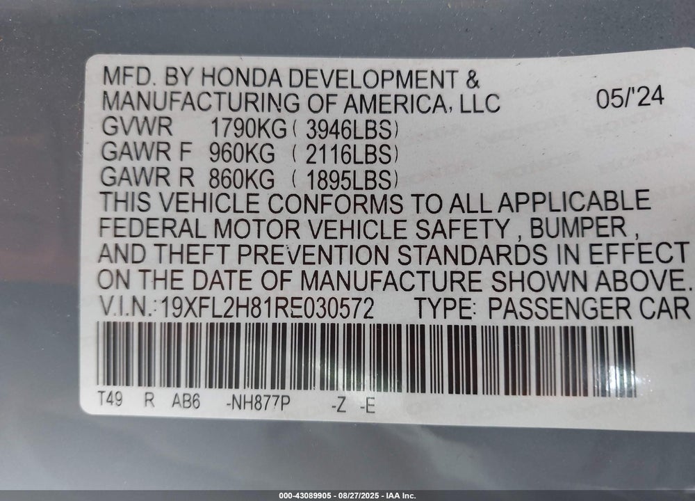 2024 HONDA CIVIC SPORT VIN: 19XFL2H81RE030572