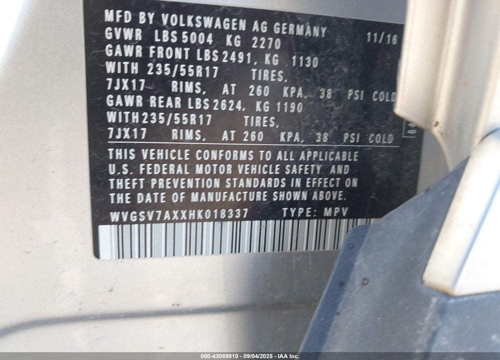 2017 VOLKSWAGEN TIGUAN 2.0T WOLFSBURG EDITION VIN: WVGSV7AXXHK018337