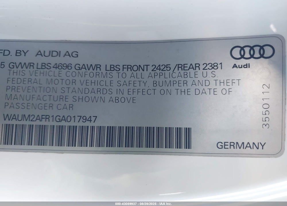 2016 AUDI A5 VIN: WAUM2AFR1GA017947