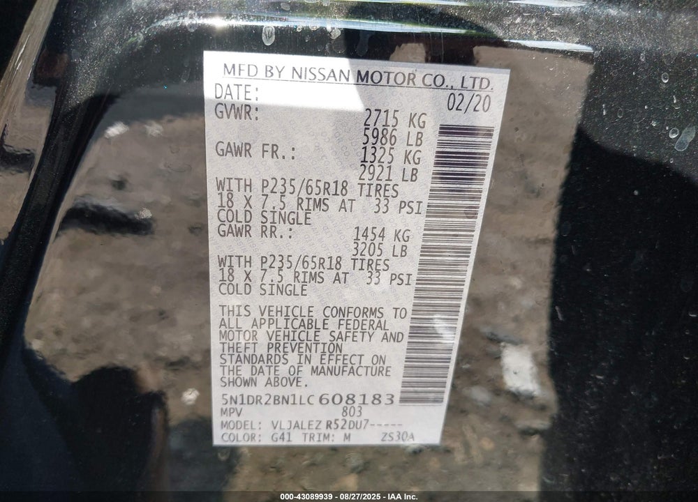 2020 NISSAN PATHFINDER VIN: 5N1DR2BN1LC608183