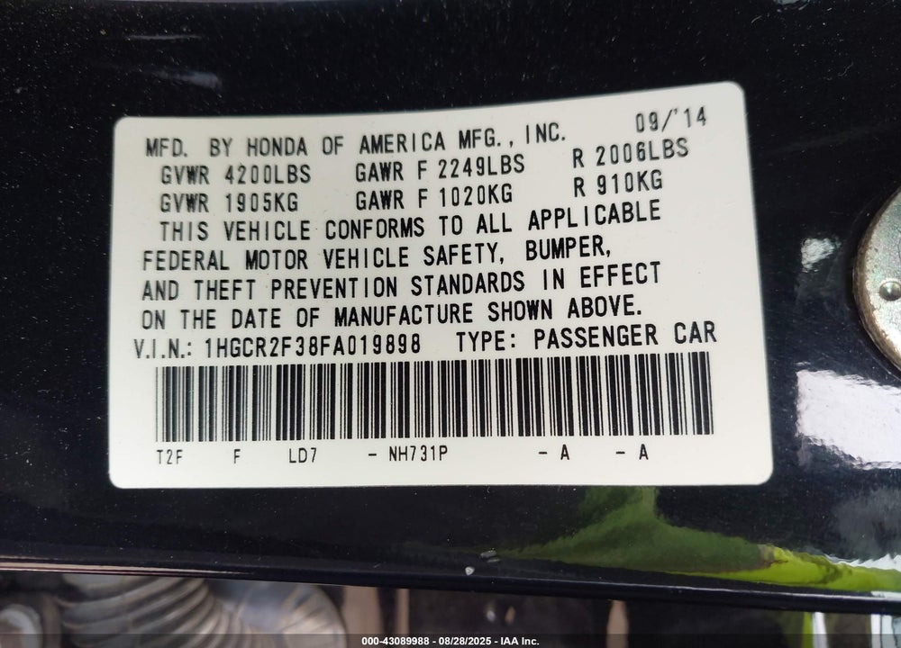 2015 HONDA ACCORD VIN: 1HGCR2F38FA019898