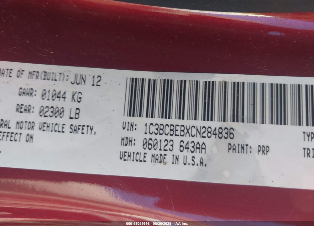 2012 CHRYSLER 200 VIN: 1C3BCBEBXCN284836
