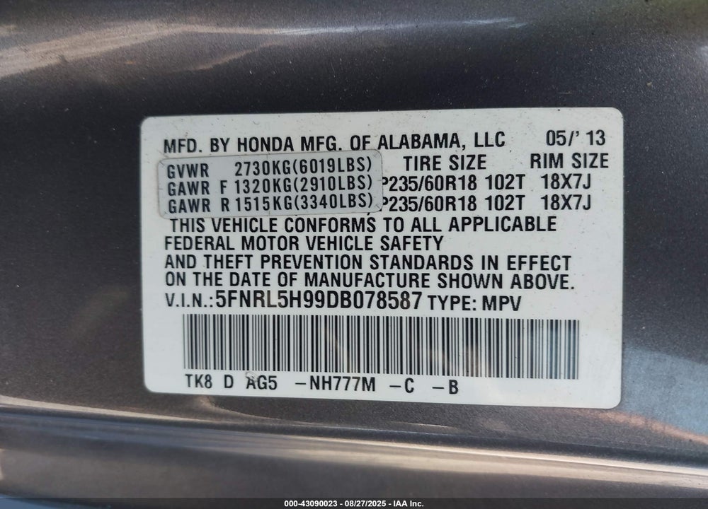 2013 HONDA ODYSSEY TOURING/TOURING ELITE VIN: 5FNRL5H99DB078587
