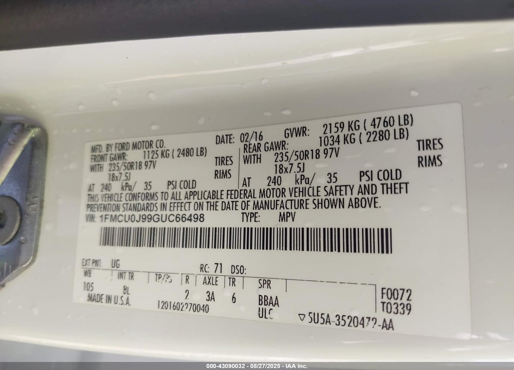 2016 FORD ESCAPE VIN: 1FMCU0J99GUC66498