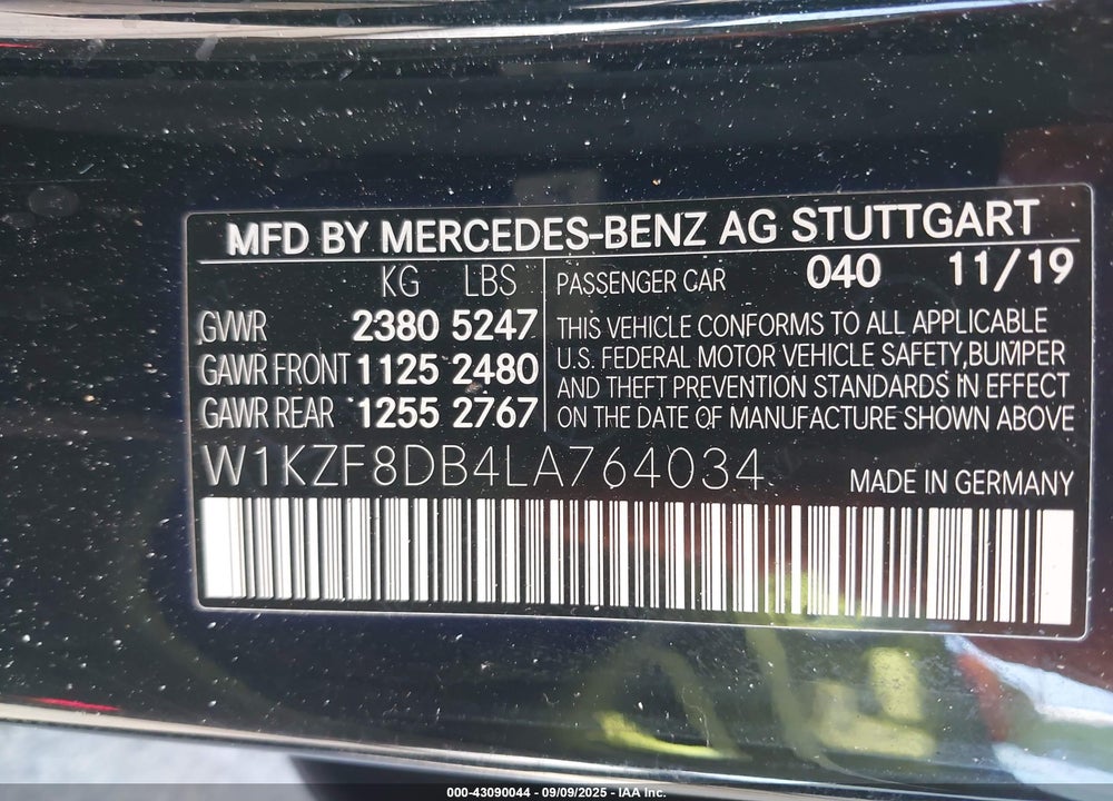 2020 MERCEDES-BENZ E 350 VIN: W1KZF8DB4LA764034