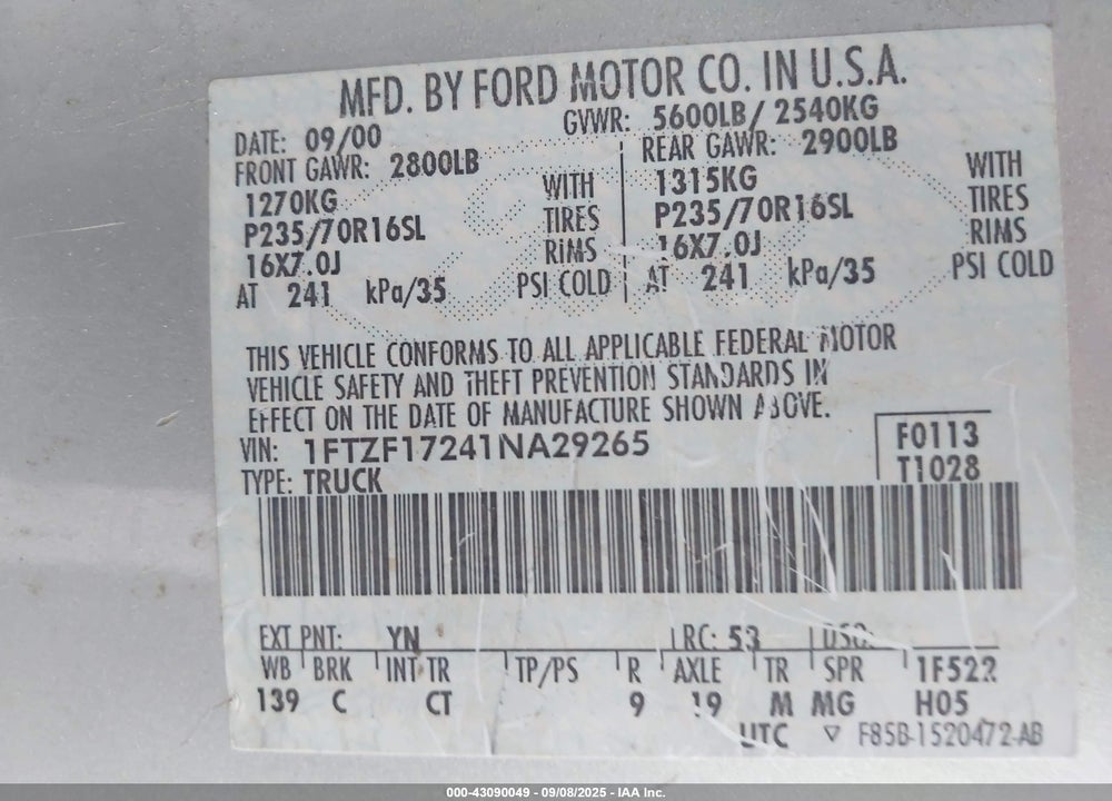2001 FORD F-150 XL/XLT VIN: 1FTZF17241NA29265