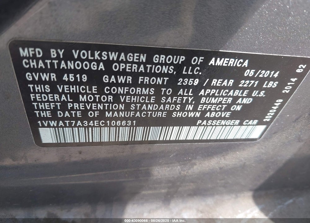 2014 VOLKSWAGEN PASSAT VIN: 1VWAT7A34EC106631
