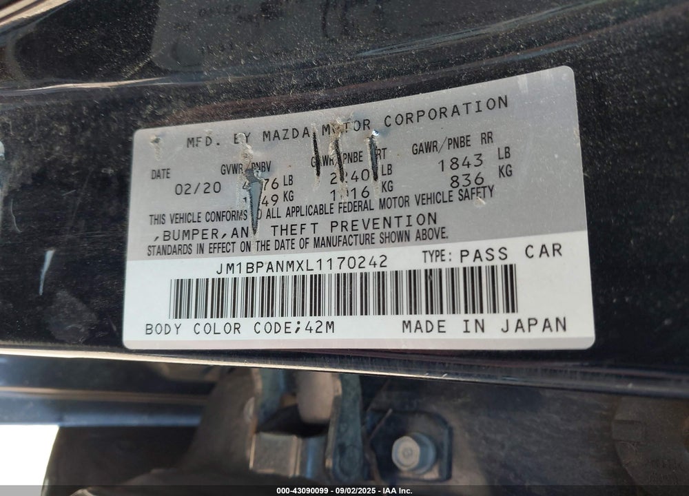 2020 MAZDA 3 VIN: JM1BPANMXL1170242