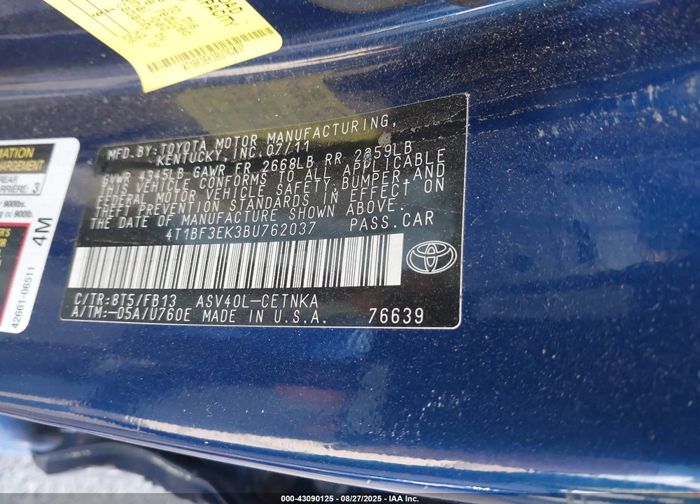 2011 TOYOTA CAMRY LE VIN: 4T1BF3EK3BU762037