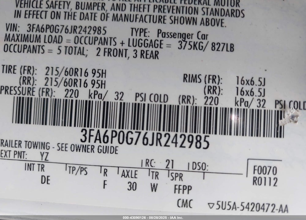 2018 FORD FUSION S VIN: 3FA6P0G76JR242985