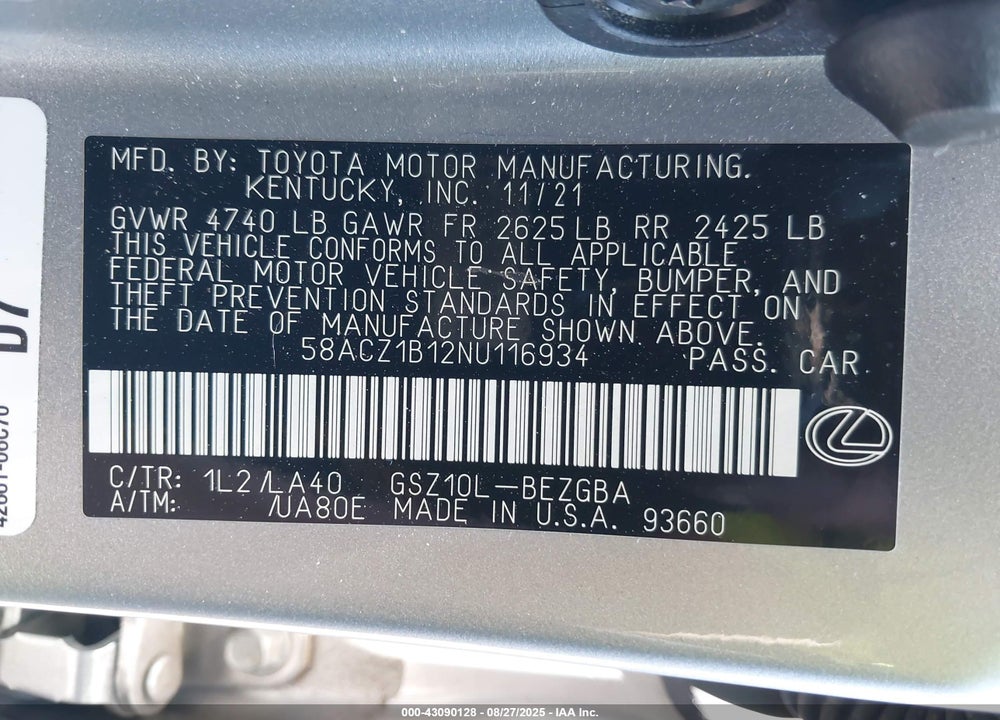 2022 LEXUS ES 350 VIN: 58ACZ1B12NU116934