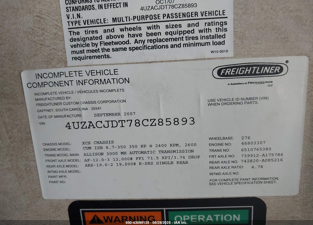 2008 FREIGHTLINER CHASSIS X LINE MOTOR HOME VIN: 4UZACJDT78CZ85893