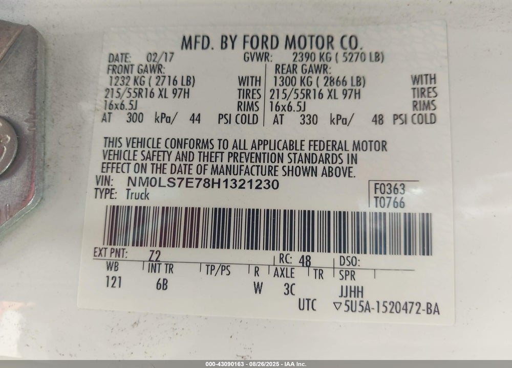 2017 FORD TRANSIT CONNECT XL VIN: NM0LS7E78H1321230